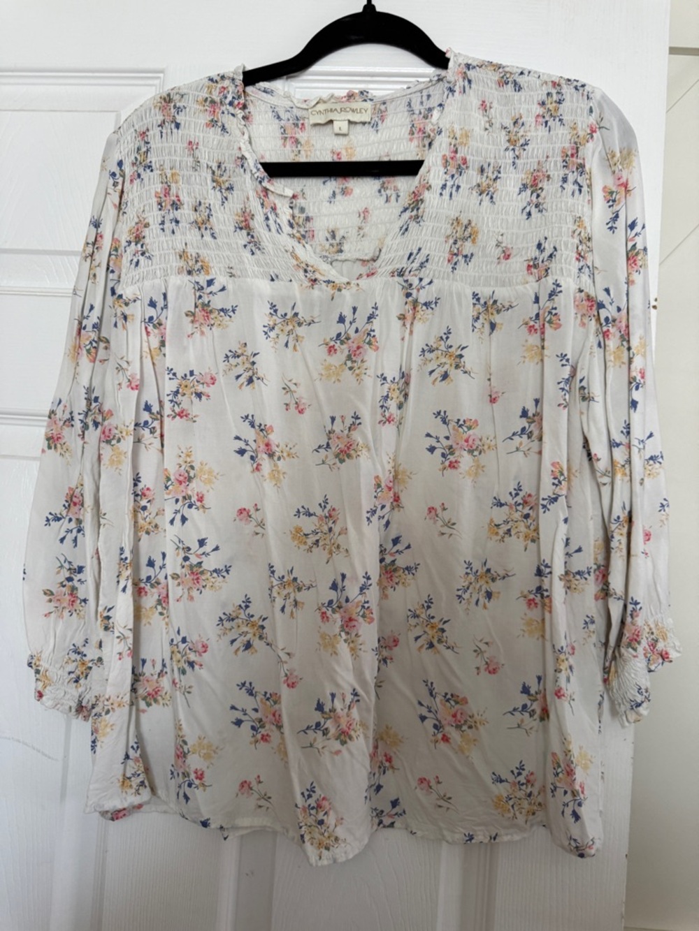 Cynthia Rowley Cream Floral Smocked Yoke Blouse with Pink & Blue Accents